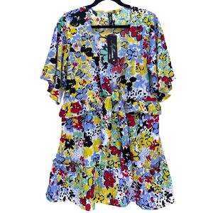 Influence Multicolor Floral Tie Front Tiered Mini Dress 10 NWT